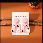 🌸 4 for $20 Halloween Light Pink Moon Pumpkin Printed Clay Textured Earrings Photo 6