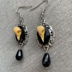 Raven skull cameo black drop earrings bones halloween goth silver crow bird gift Photo 1