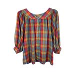 Oscar de la Renta VTG Madras Plaid Sheer Colorful Size 14 Puff Sleeve Yoke Top Photo 4