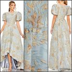 Mac Duggal  11608 Blue Brocade Puff Sleeve High Low Gown Dress Photo 1