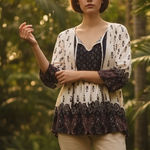 Vintage America Blues Women Tunic Top Boho Paisley Print Lace Trim Sz L Trendy # White Size L Photo 1