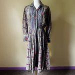 Vintage 70s HenryLee Paisley Print‎ Shirt Dress Long Sleeve Pleated Skirt Small Gray Photo 9
