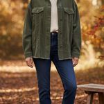 ZARA Womens Shacket Sz M Olive Green Corduroy Shirt Jacket Raw Hem Oversized Photo 3