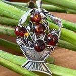 Vintage Sterling Silver Amber Miniature Fruit Basket Pin Brooch Pendant Brown Photo 0