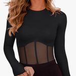 REORIA Women's Trendy Sexy Crew Neck Thumbholes Long Sleeve Sheer Mesh Bodysuit Black Photo 0