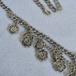 Boutique Boho Silver Tone Long Necklace with Flower Charms Medallion Fringe Earrings Set Photo 2