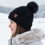 Winter Cozy Warm Pom Pom Black Beanie Hat Cable Knit Fleece Lined Ski NWT Photo 1
