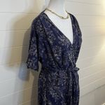 J.Jill Navy Blue Purple Black Floral Wrap Short Sleeve Midi Dress Large Feminine Photo 4