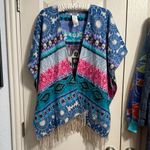 Desigual 💖  Maximalist Style Boho Southwestern Print Fleece Poncho w/Fringe Photo 1
