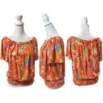 Nicole Miller Orange & Multicolor Paisley Floral Print Smocked Blouse Size M Photo 1