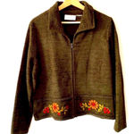 Koret Dark Green Embroidered Floral cardigan, jacket, Zipp front sz L Size L Photo 0