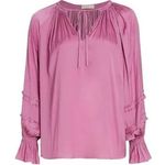 Ramy Brook  Maty Blouse Women's Small Pink Satin Tie Neck Long Sleeve Pleats Photo 11