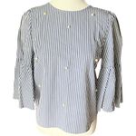 ZARA Navy and White Striped Blouse Poplin Bell Sleeves Pearl Accent 3/4 Sleeves Photo 1