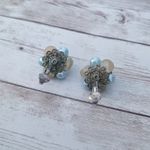 Vintage Clip On Earrings Beige & Light Blue Cluster Photo 3
