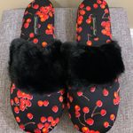 Victoria's Secret Black Red Cherry Satin Slippers Medium Photo 6