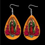 Rose Flower Virgin Mary Print‎ Teardrop Dangle Earrings Faux Leather Orange Photo 7