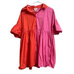 BiBi Red Pink Color Block Shirt Dress Ruffle Sleeves Partial Button Front Medium Photo 1