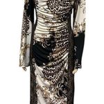 Venus Animal Floral Print Long Sleeve Lace Accent Ruched V Neck Midi Dress M Photo 0