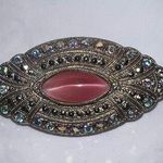 1928 Pink Cat’s Eye, Aurora Borealis Rhinestone Brooch Photo 0