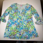 Lilly Pulitzer  Tunic Dress Blue Green Purple Abstract Print Roll Tab Sleeve L Photo 0