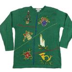 Victoria Jones  Christmas Sweater Size Medium Beads Embroidered Green Tree Ribbon Photo 0
