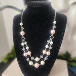 Double Strand Simple Necklace with White and Pale Pink Faux Pearls Crystal Beads Silver Photo 0