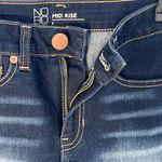 No Boundaries NoBo Juniors SZ 5 A-Line Mini Jean Skirt Mid-Rise Frayed Hem Stretch Dark Wash Photo 2