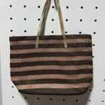 Brown & Pink Striped Woven Tote Bag with Gold Straps Photo 2