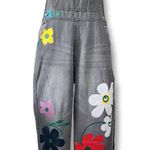 Miss Look  Faded Black Denim Overalls with Painted Flowers Size Large Photo 2