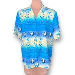 Vintage 90s Tropical Fish Print Shirt Blue Yellow Crinkle Button Front Top 14 Photo 9