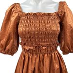 Moon River Brown Silk Satin Short Puff Sleeve Smocked Midi A-Line Dress Size XS Photo 2