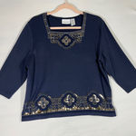 Alfred Dunner Women's 3/4 Sleeve Embellished Square Neck Top Navy Blue Sz L Photo 0