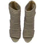 Fergie Womens 7.5 Peep Toe Boot Heels Tan Cream Weave Boots Sandals Sandal Photo 2