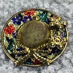 Lady's Hat Shaped Pin Brooch Multicolor Enamel Gold Tone Bow Flowers Vintage Photo 1