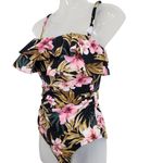 Kona Sol  Black Pink Floral One Piece Swimsuit Chest Ruffle Padded Size Small Photo 1