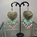 Vintage large silvertone hearts with birds boho statement beaded earrings Pink Photo 1