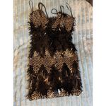 BANJUL  Black Gold Sequin Fringe V Neck Spaghetti Strap Mini Dress L Grande Photo 2