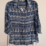 One World  Blue & White Sheer Printed Blouse – Size Large Photo 0