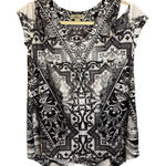 One World  Blouse Women's Size Small Petite Paisley Cold Shoulder Black White‎ Photo 0