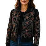 VINTAGE Boho Jacket Women’s Medium Front Zip Embroidered Sequin Floral Anage Black Photo 0