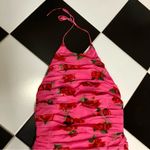 Sau Lee  Sonia Ruched Open Black Mini Dress Rose Floral Pattern Hot Pink Red sz10 Photo 6