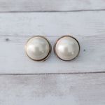 Vintage Clip On Earrings Just Under 7/8" Domed Faux Pearl with Halo Gold Photo 1
