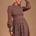 Lulus Floral Forever Green and Pink Smocked Long Sleeve Skater Mini Dress Size L Photo 0