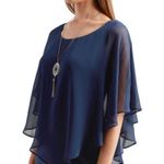 Nwt AGB Solid Chiffon Popover Blouse Necklace size small navy blue top trendy Photo 10