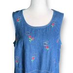 Vintage Denim Sleeveless Jumper Dress Pink Embroidered Floral Design Scoopneck Blue Size M Photo 3