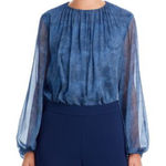 Lafayette 148 New York Midnight Blue Screen Print Silk Chiffon Blouse Size XS Blue Photo 0