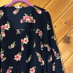 Pleione Dark navy blue and pink floral tie front flare sleeve blouse Photo 1
