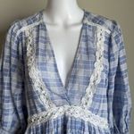 Free People  Boho Lace Crotchet Plaid Puff Sleeve Top Photo 3