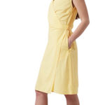 Athleta Newport Wrap Dress Yellow Pinstripe Short Sleeve Belted Midi Athletic L Photo 0