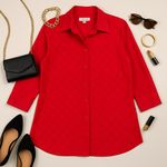 Coldwater Creek  100% Silk Red Diamond Pintuck Button Front Blouse Women’s L GUC Photo 2